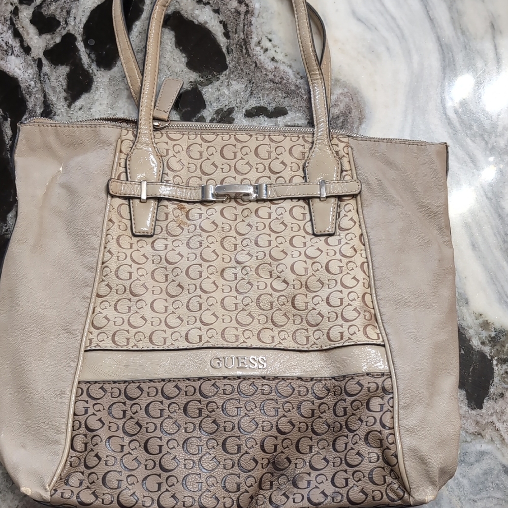 GUESS Tan and Brown Logo Tote Bag